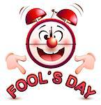 Fools day time. Fun clock show lettering text. Isolated on white vector cartoon illustration