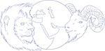 Drawing sketch style illustration of a lion and a ram head with globe showing middle east in the middle set on isolated white background.