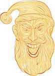 Drawing sketch style illustration of an evil looking, sinister and devilish santa claus with a wide grin viewed from front set on isolated white background/