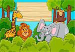 Cartoon Illustration of Wild Animal Characters with Wooden Board