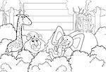 Black and White Cartoon Illustration of Wild Animal Characters with Blank Board Coloring Page