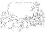 Black and White Cartoon Illustration of Wild Animal Characters with Blank Cloud Coloring Page