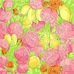 Bright floral background with peonies, roses and tulips