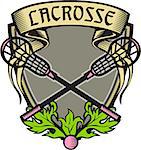 Illustration of a coat of arms with crossed lacrosse stick set inside shield crest with word text Lacrosse on top done in retro woodcut style.
