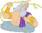 Drawing sketch style illustration of Zeus, Greek god of the sky and ruler of the Olympian gods wielding holding a thunderbolt lightning looking to the side set on isolated white background.