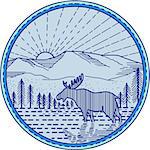 Mono line style illustration of a moose viewed from the side with river, flat mountain and sunburst in the background set inside circle.