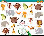Cartoon Illustration of Find One of a Kind Educational Activity Game for Preschool Children with Animals