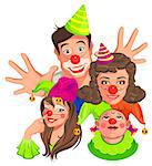 Family of clowns. Dad, Mom, Daughter, Son. Isolated on white vector cartoon illustration