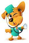 Yellow dog doctor vet keeps stethoscope. Isolated on white fun vector cartoon illustration