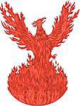 Drawing sketch style illustration of a phoenix rising up from fiery flames, wings raised for flight set on isolated white background.