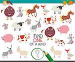 Cartoon Illustration of Find One of a Kind Educational Activity Game for Kids with Animal Characters