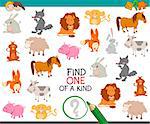 Cartoon Illustration of Find One of a Kind Educational Activity Game for Preschool Kids with Animals
