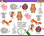 Cartoon Illustration of Finding Two Identical Pictures Educational Activity for Preschool Children