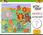 Cartoon Illustration of Educational Counting Activity Game for Children with Cute Animal Characters