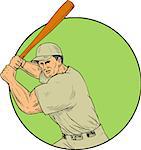 Drawing sketch style illustration of an american baseball player batter hitter holding bat in batting stance viewed from front set inside circle.