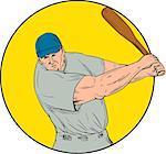 Drawing sketch style illustration of an american baseball player batter hitter  swinging bat viewed from front set inside circle.