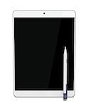 Tablet computer and digital pen on white background