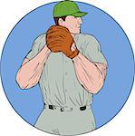 Drawing sketch style illustration of an american baseball player pitcher outfilelder getting started to throw ball viewed from the side set inside circle on isolated background.