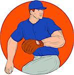 Drawing sketch style illustration of an american baseball player pitcher outfilelder ready to throw ball viewed from the side set inside circle on isolated background.