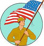 Drawing sketch style illustration of an american soldier serviceman waving holding usa flag looking to the side set inside circle on isolated background.