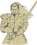Drawing sketch style illustration of a Samurai warrior holding katana sword in a swordfight stance viewed from front set on isolated white background.