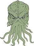 Drawing sketch style illustration of a head of a subterranean mythical sea monster with octopus-like head whose face has tentacles or feeler viewed from front set on isolated white background.