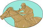 Drawing sketch style illustration of horse and jockey racing viewed from the side set inside oval shape on isolated background.