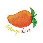 Mandala style illustration of  a mango, a juicy tropical stone fruit drupe belonging to the genus Mangifera set on isolated white background with the word text Mango Love done in watercolor.
