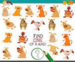 Cartoon Illustration of Find One of a Kind Educational Activity Game for Preschool Kids with Dog Characters