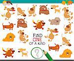 Cartoon Illustration of Find One of a Kind Educational Activity Game for Preschool Kids with Dogs