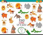 Cartoon Illustration of Find One of a Kind Educational Activity Game for Preschool Kids with Cute Animal Characters