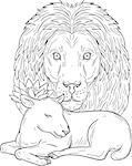 Drawing sketch style illustration of a lion head watching over a sleeping lamb viewed from front set on isolated white background.