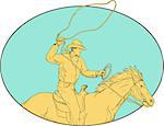 Drawing sketch style illustration of a cowboy holding lasso riding horse viewed from the side set inside circle on isolated background.