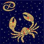 Zodiac sign Cancer with colorful flowers fill in warm hues on a background of the blue starry sky, vector illustration