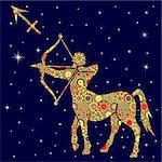 Zodiac sign Sagittarius with colorful flowers fill in warm hues on a background of the blue starry sky, vector illustration