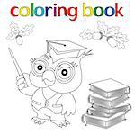 Set of Wise Professor Owl in mortarboard, stacked books and acorns for coloring book, childish cartoon vector illustration