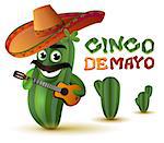 Mexican fun cactus in sombrero plays guitar. Cinco de mayo. Isolated on white vector cartoon illustration