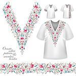Vector design for collar shirts, blouses, T-shirt. Cute flowers. Colorful embroidery. Seamless border bonus. Pink blue