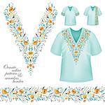 Vector design for collar shirts, blouses, T-shirt. Cute flowers. Colorful embroidery. Seamless border bonus. Yellow blue