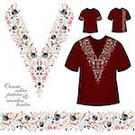 Vector design for collar shirts, blouses, T-shirt. Cute flowers. Colorful embroidery. Seamless border bonus. Pink gray