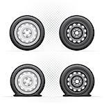 Inflated and deflated light and dark car wheel set. Collection of black and gray metal auto tyre. Transport tire with shadow isolated on transparent white background