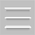 Three simple white shelves template with shadow for goods on gray background. Frame supermarket shop furniture design. Demonstration board