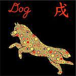 Jumping Dog Chinese Zodiac Sign, vector stencil with color flowers isolated on a black background, symbol of New Year on the Eastern calendar