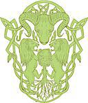 Illustration of stylized bighorn sheep head with two lion supporters climbing on tree with Celtic knot, called Icovellavna, plait work or knotwork woven into unbroken cord design set on isolated white background.