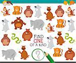 Cartoon Illustration of Find One of a Kind Educational Activity Game for Children with Animal Characters