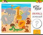 Cartoon Illustration of Educational Counting Activity Game for Kids with Cute Animal Characters