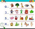 Cartoon Illustration of Finding Picture Starting with Referred Letter Educational Game for Kids