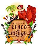Cinco de Mayo lettering text and woman greeting card. Vector cartoon illustration