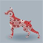 Alert Dog of Doberman breed, vector silhouette fill with stylized flowers in red, white and black colors on a grey background