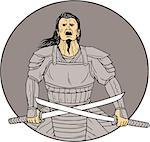 Drawing sketch style illustration of an angry Samurai warrior looking up holding  swords in a cross position viewed from front set inside oval on isolated background.